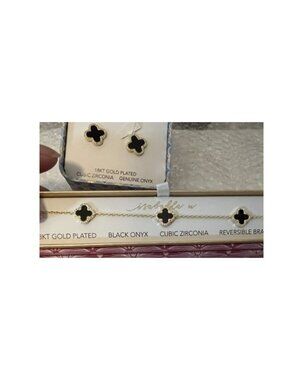 Isabella M 18K Gold Plated Cubic Zirconia Black clover earrings & bracelet New